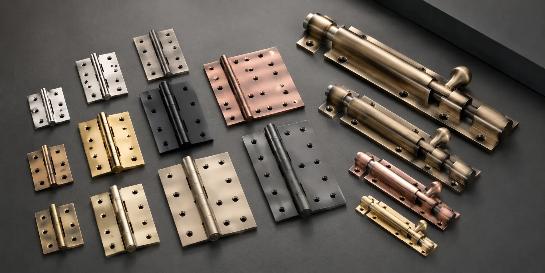 Door hinges in gold, silver and black finishes at Gala Hardware Bangalore
